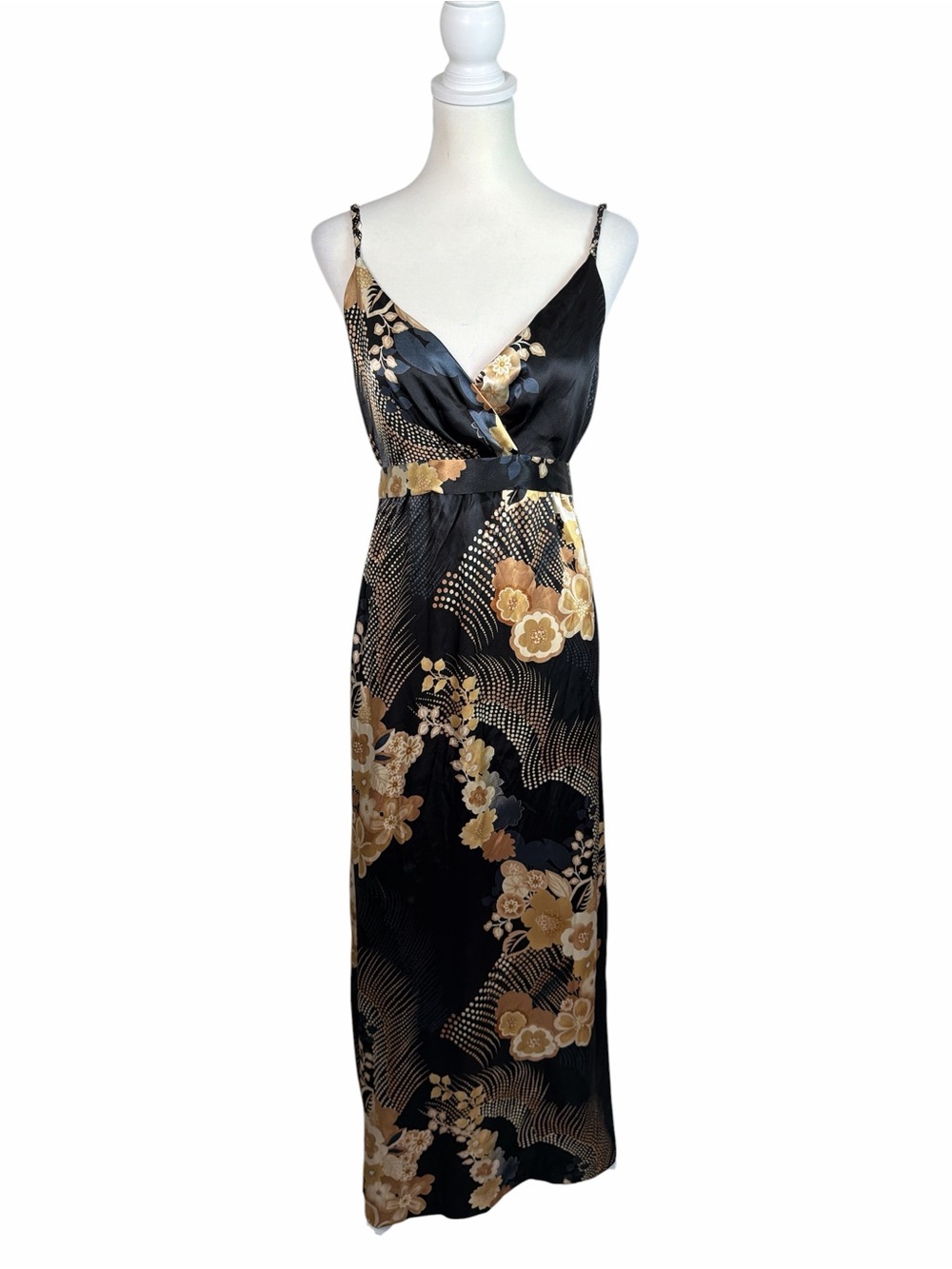 Dressbarn Women’s Size 10 Black Floral Satin Maxi Dress Y2K Formal